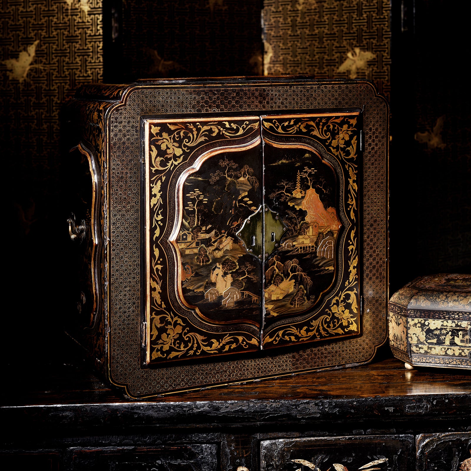 Antique Gilt Black Lacquer Chinoiserie Export Shrine Cabinet | Indigo Antiques