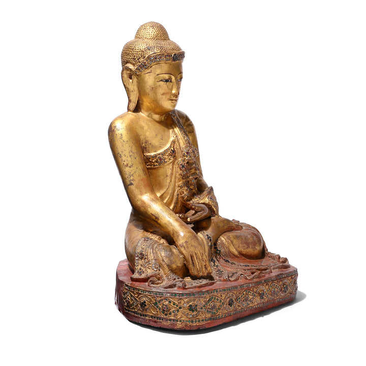 Angled View Of Antique Gilded Teak Burmese Sitting Buddha from Mandalay - Ca 1910 | Indigo Antiques