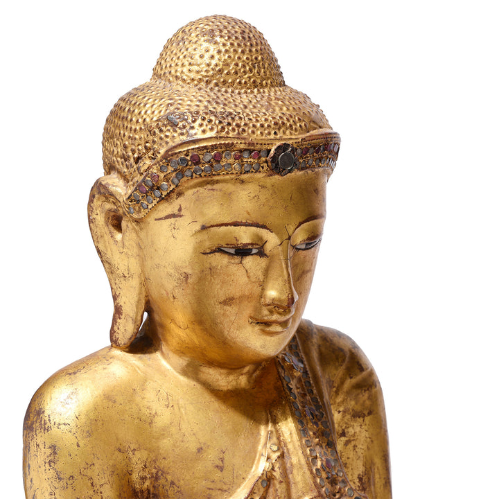 Angled Face View Of Antique Gilded Teak Burmese Sitting Buddha from Mandalay - Ca 1910 | Indigo Antiques