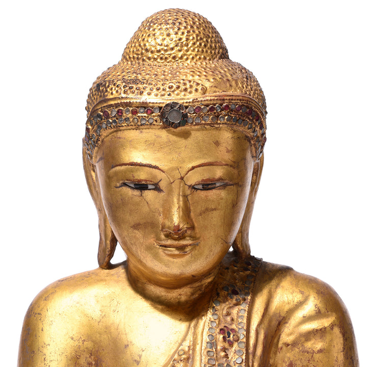 Face Detail From Antique Gilded Teak Burmese Sitting Buddha from Mandalay - Ca 1910 | Indigo Antiques