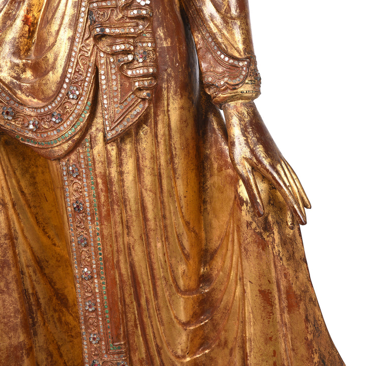 Robes Detail From Antique Gilded Teak Burmese Standing Buddha from Mandalay | Indigo Antiques