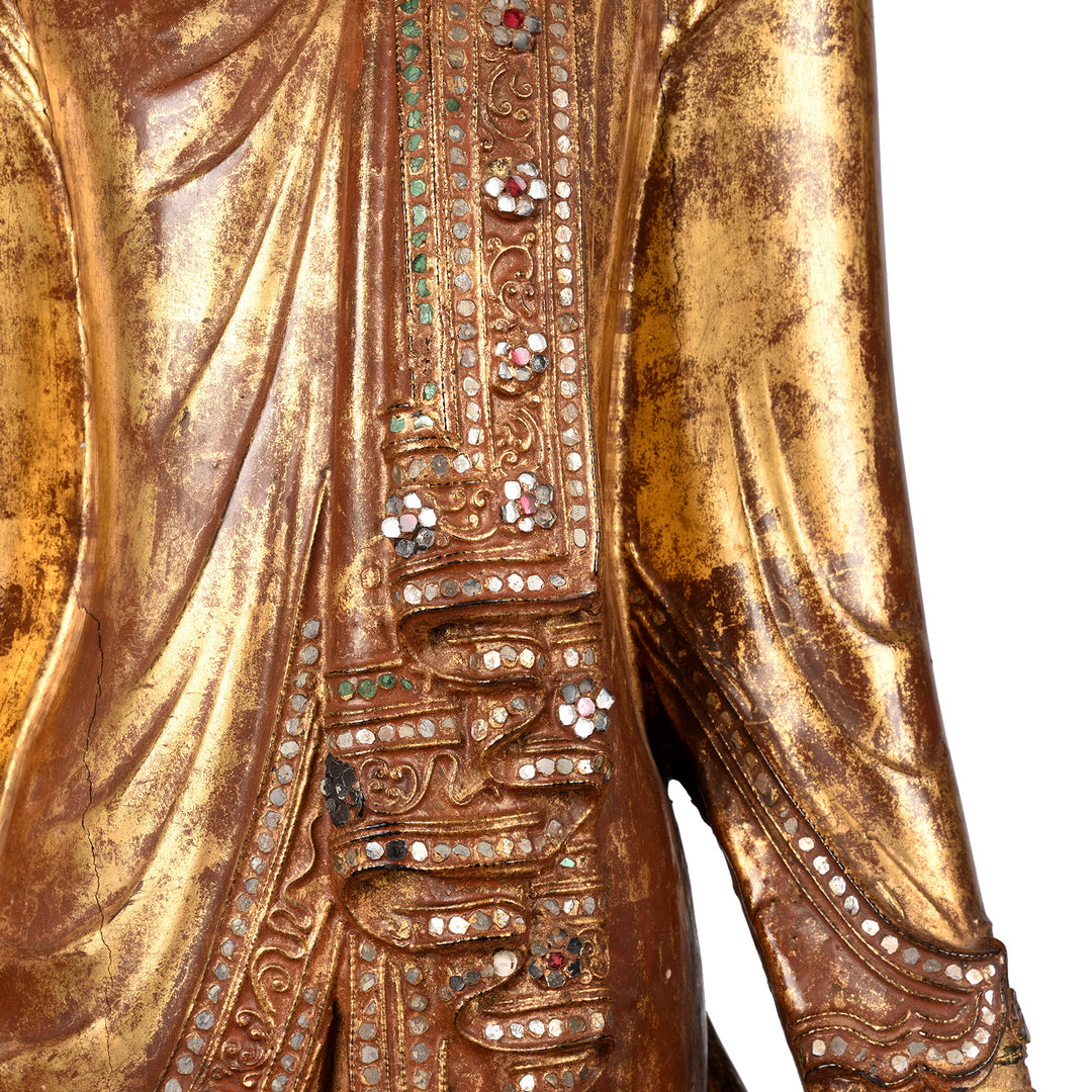 Jewels Detail From Antique Gilded Teak Burmese Standing Buddha from Mandalay | Indigo Antiques