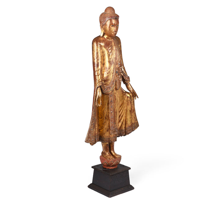 Angled View of Antique Gilded Teak Burmese Standing Buddha from Mandalay | Indigo Antiques