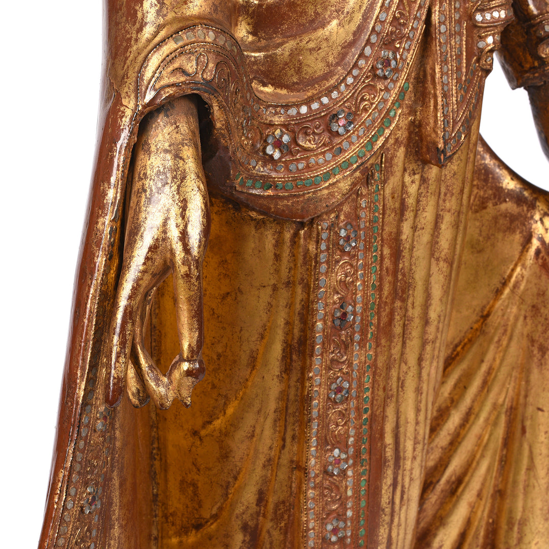 Hand Detail From Antique Gilded Teak Burmese Standing Buddha from Mandalay | Indigo Antiques