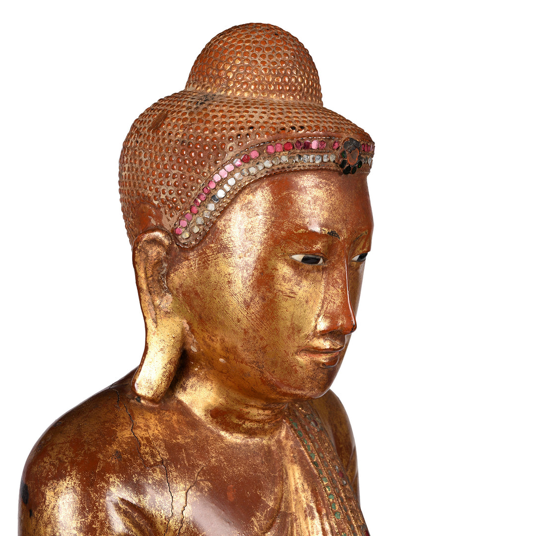 Face Detail From Antique Gilded Teak Burmese Standing Buddha from Mandalay | Indigo Antiques
