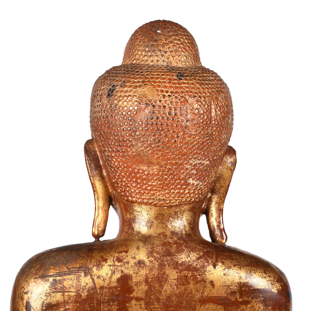 Back Of Head Detail From Antique Gilded Teak Burmese Standing Buddha from Mandalay | Indigo Antiques