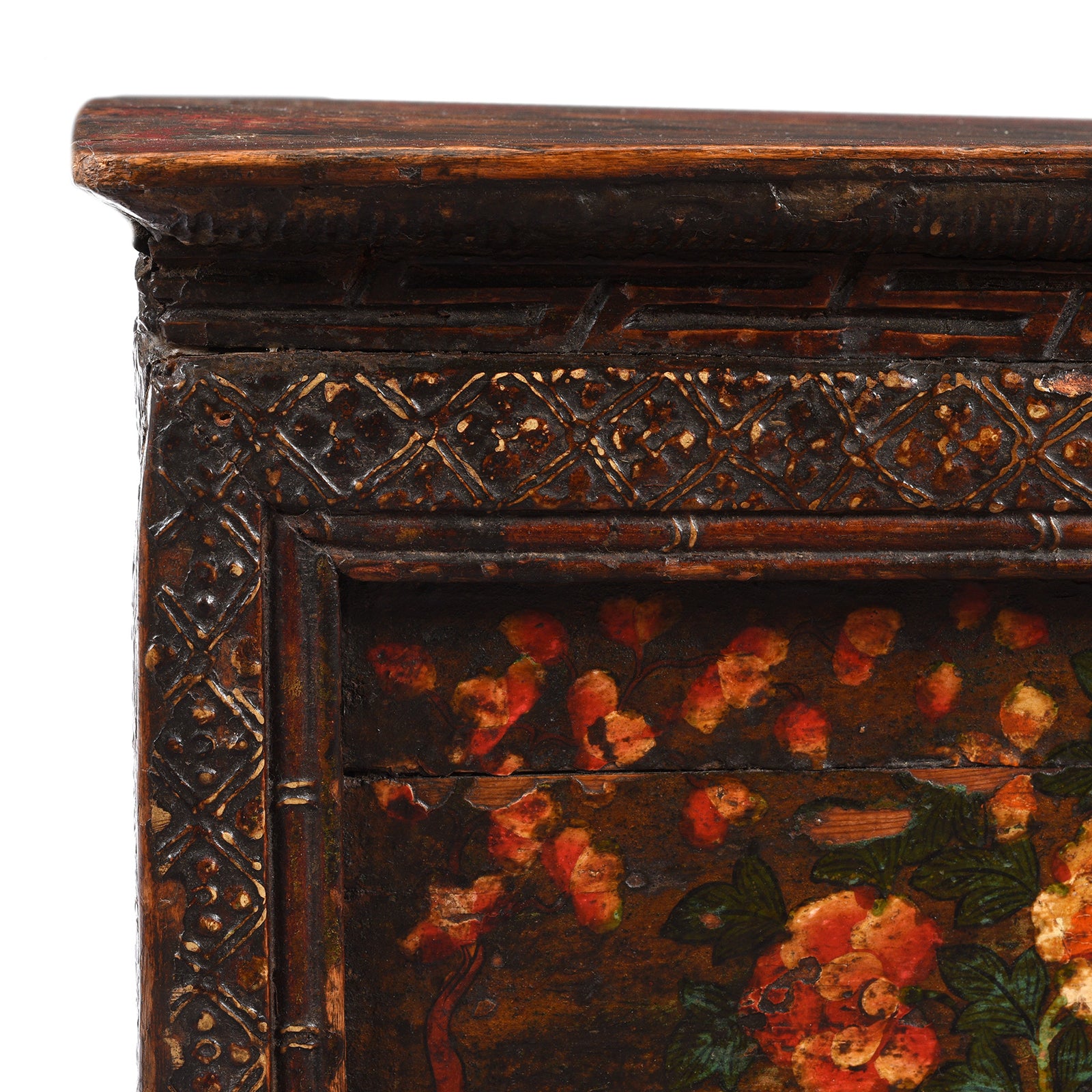 Corner Detail From Antique Painted Choksar Prayer Table from Tibet | Indigo Antiques