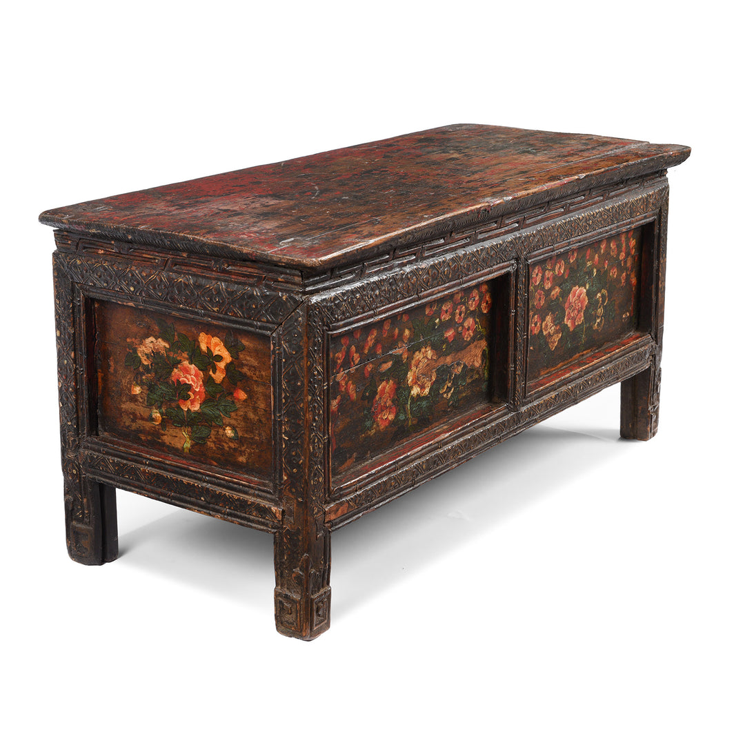 Angled View Of Antique Painted Choksar Prayer Table from Tibet | Indigo Antiques