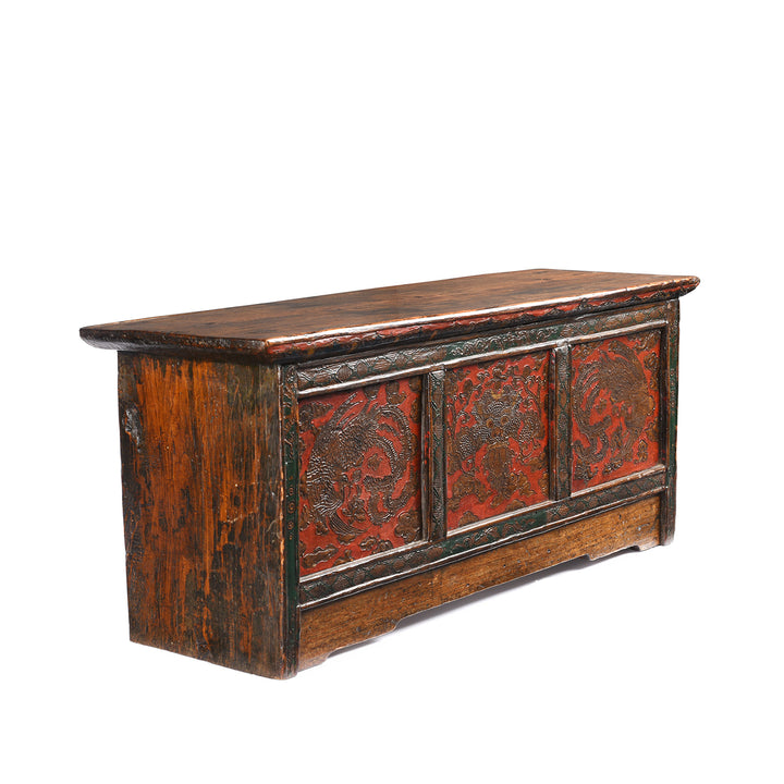 Angled VIew Of Antique Painted Dragon Choksar Prayer Table from Tibet | Indigo Antiques