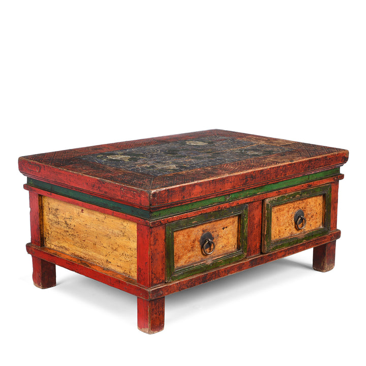 Angled View Of Antique Painted Choksar Prayer Table from Tibet | Indigo Antiques