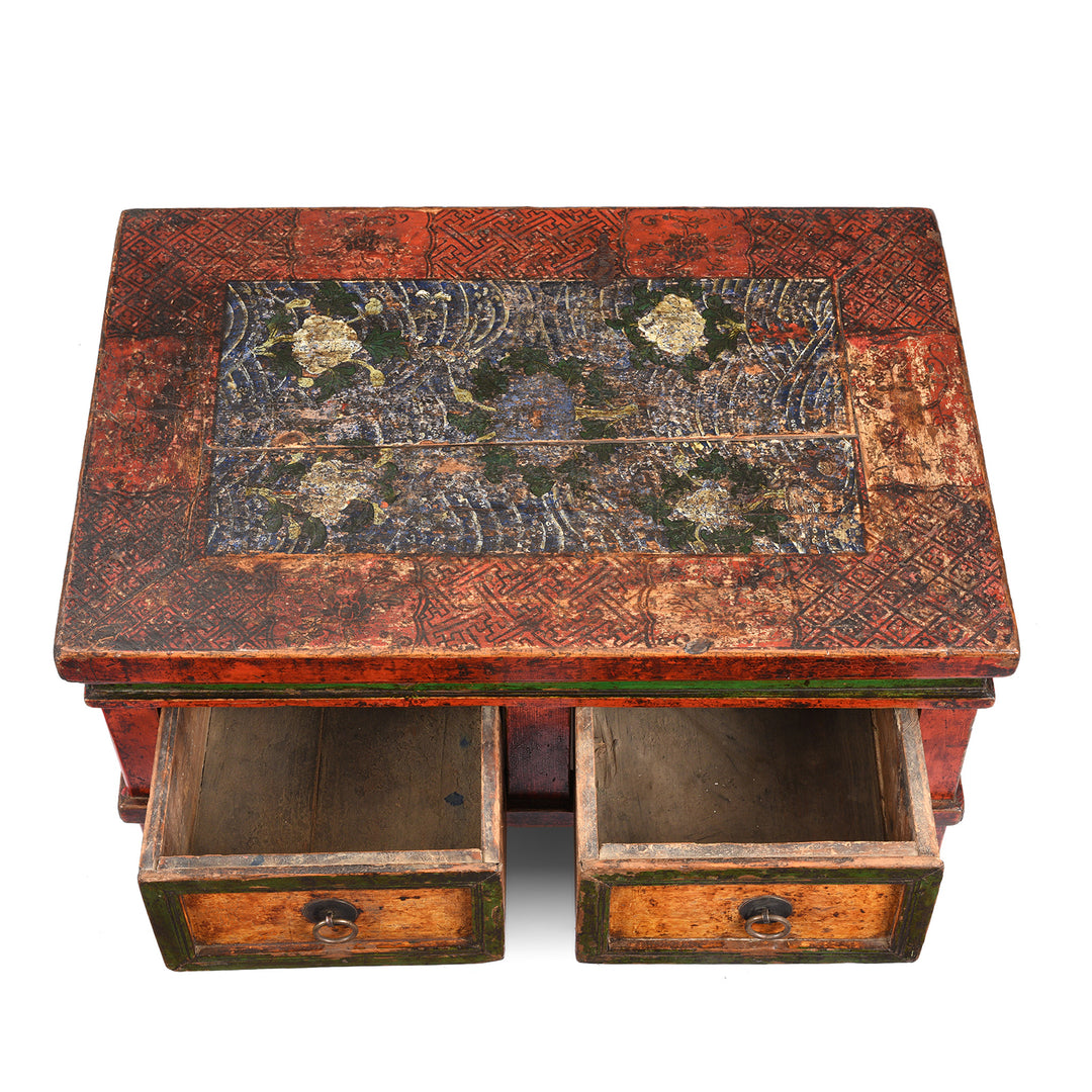 Drawer Detail From Antique Painted Choksar Prayer Table from Tibet | Indigo Antiques