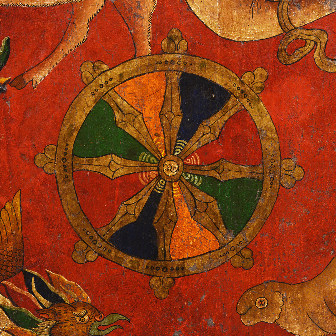 Wheel of Dharma Symbol Detail From Antique Original Painted Tibetan Door | Indigo Antiques