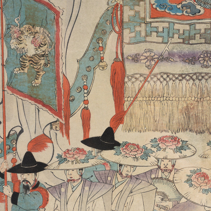 Flags Detail From Original Japanese Triptych Woodblock Print - Chikanobu Elephant | Indigo Antiques