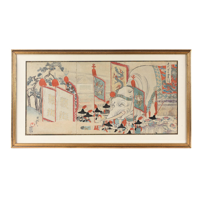 Original Japanese Triptych Woodblock Print - Chikanobu Elephant | Indigo Antiques