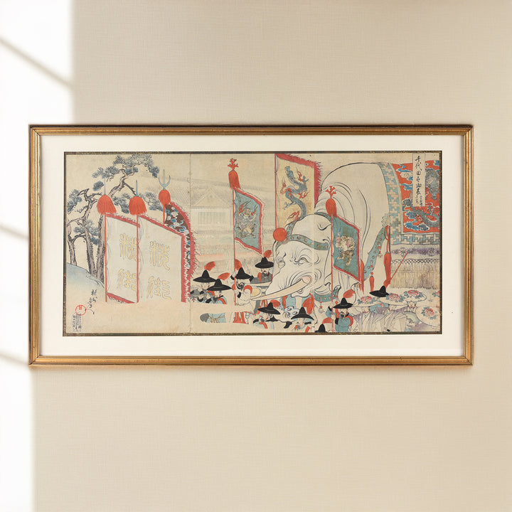Original Japanese Triptych Woodblock Print - Chikanobu Elephant | Indigo Antiques