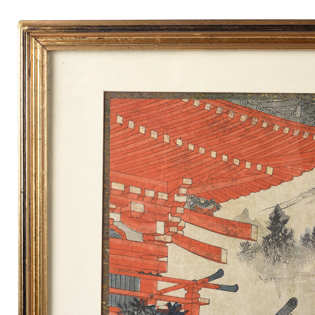 Frame Detail From Original Japanese Triptych Woodblock Print - Toshogu | Indigo Antiques