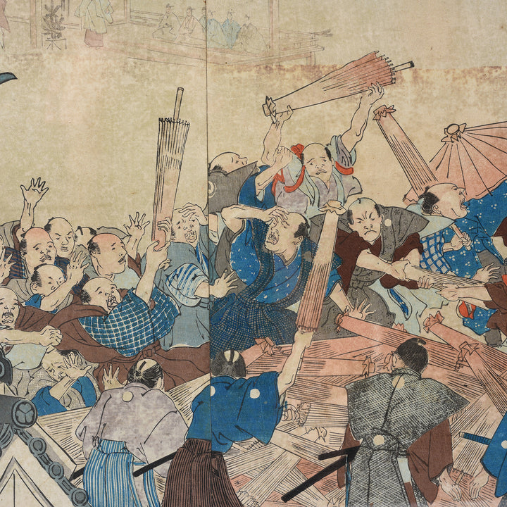 'Umbrella Give Away' Original Japanese Woodblock Triptych by Toyohara Chikanobu - Ca 1897 | Indigo Antiques