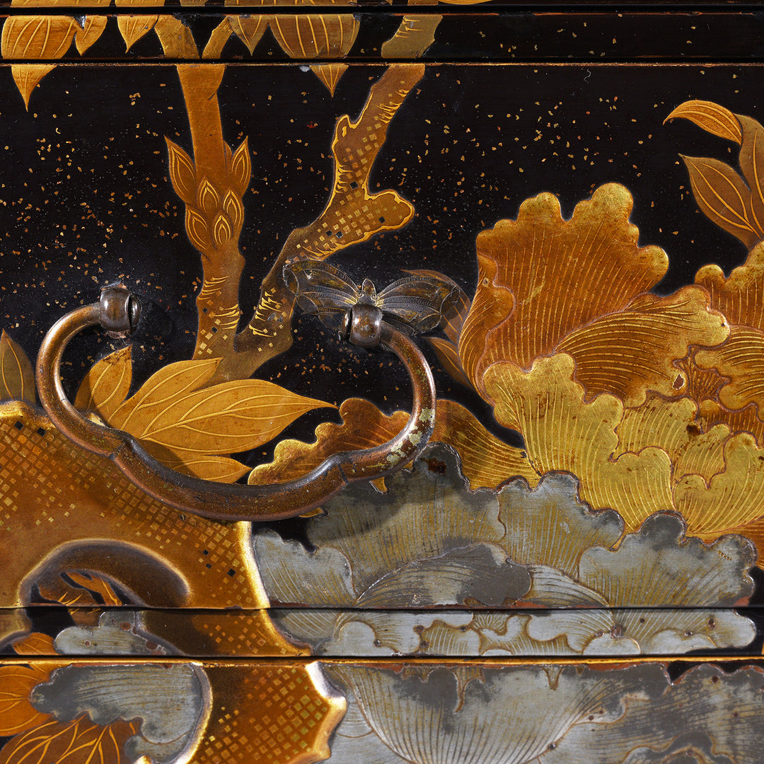 Butterfly Detail From Gilt Black, Silver & Gold Lacquer Kodansu From Japan - Meiji Period | Indigo Antiques