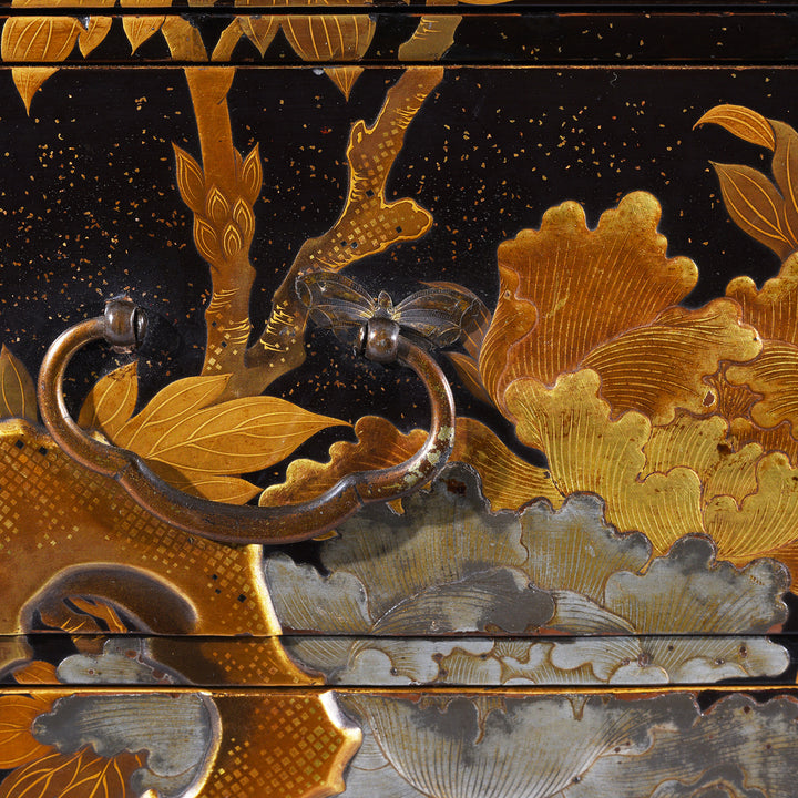 Butterfly Detail From Gilt Black, Silver & Gold Lacquer Kodansu From Japan - Meiji Period | Indigo Antiques