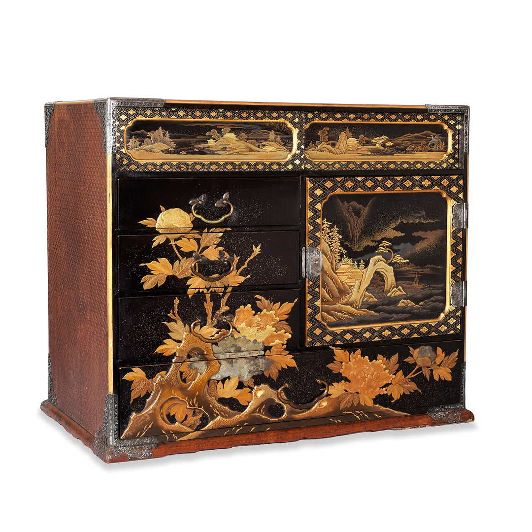 Angled View Of Gilt Black Lacquer Kodansu From Japan - Meiji Period | Indigo Antiques