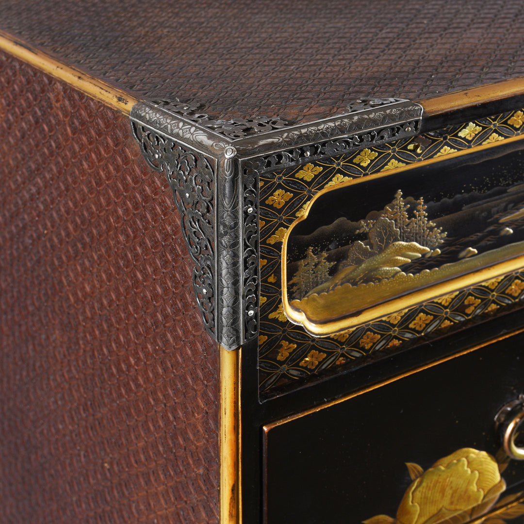 Corner Detail From Gilt Black Lacquer Kodansu From Japan - Meiji Period | Indigo Antiques