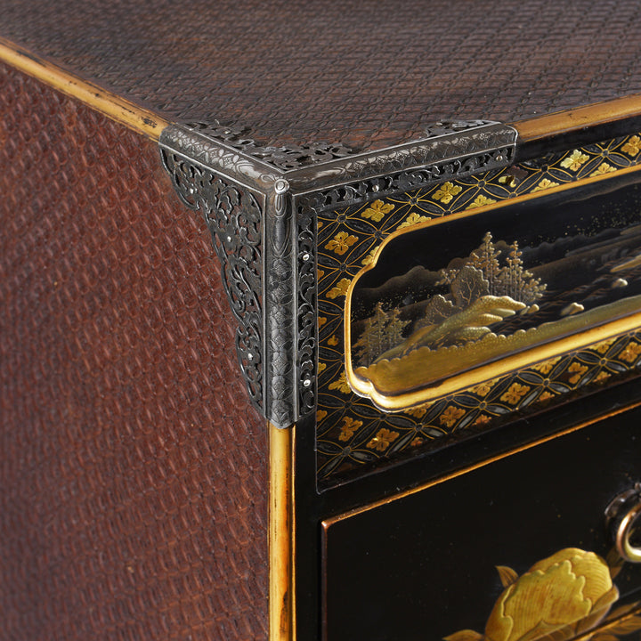 Corner Detail From Gilt Black Lacquer Kodansu From Japan - Meiji Period | Indigo Antiques