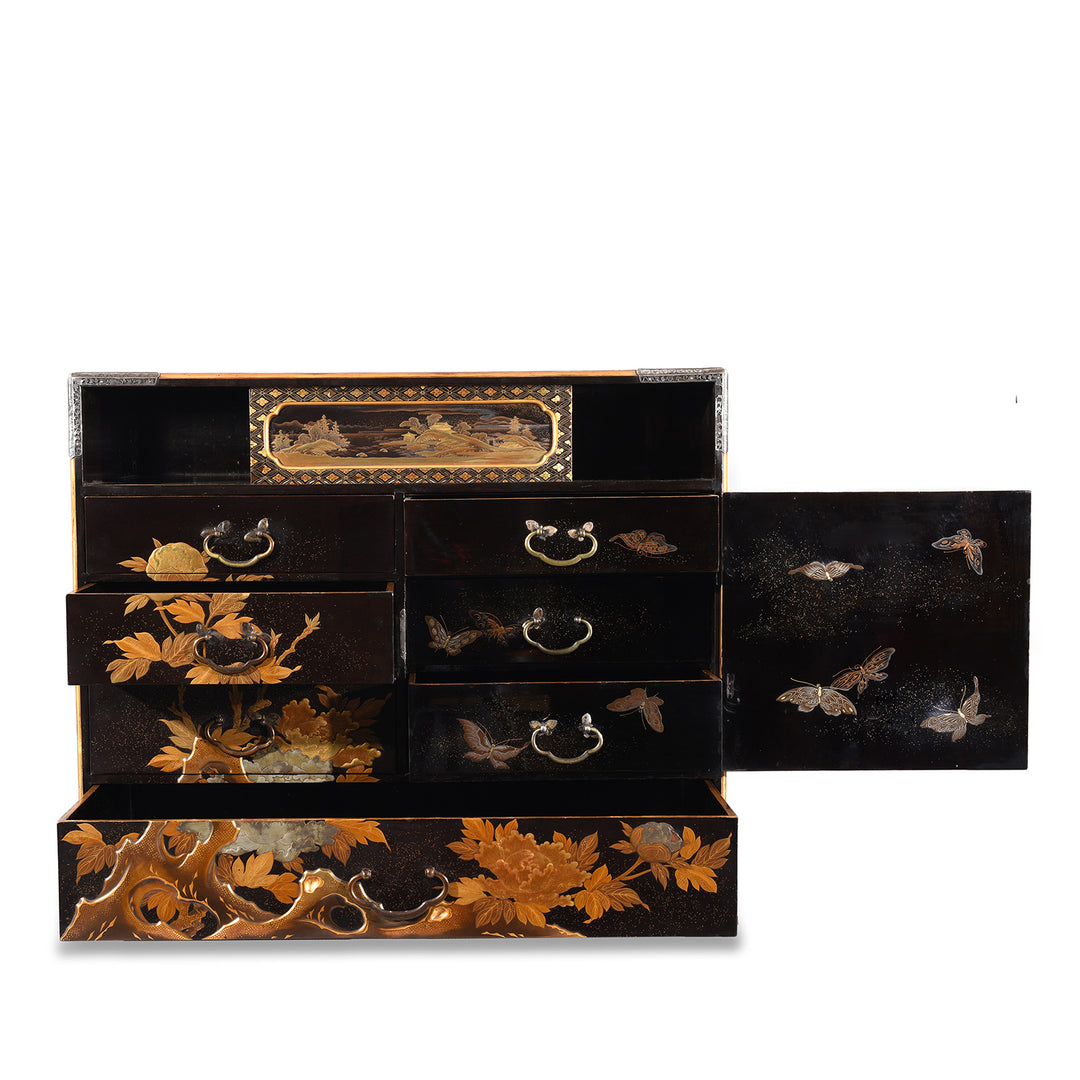 Open Doors View Of Gilt Black Lacquer Kodansu From Japan - Meiji Period | Indigo Antiques