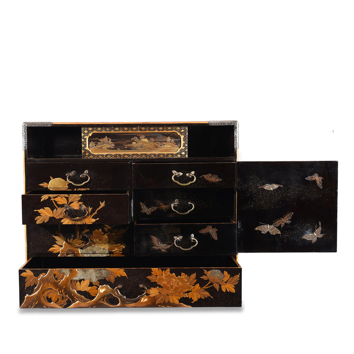 Open Doors View Of Gilt Black Lacquer Kodansu From Japan - Meiji Period | Indigo Antiques