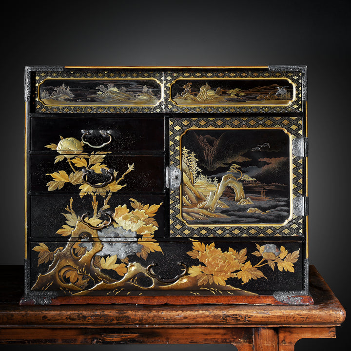 Antique Japanese Gilt Black Lacquer Meiji Kodansu with takamaki-e high relief and silver filigree work | Indigo Antiques