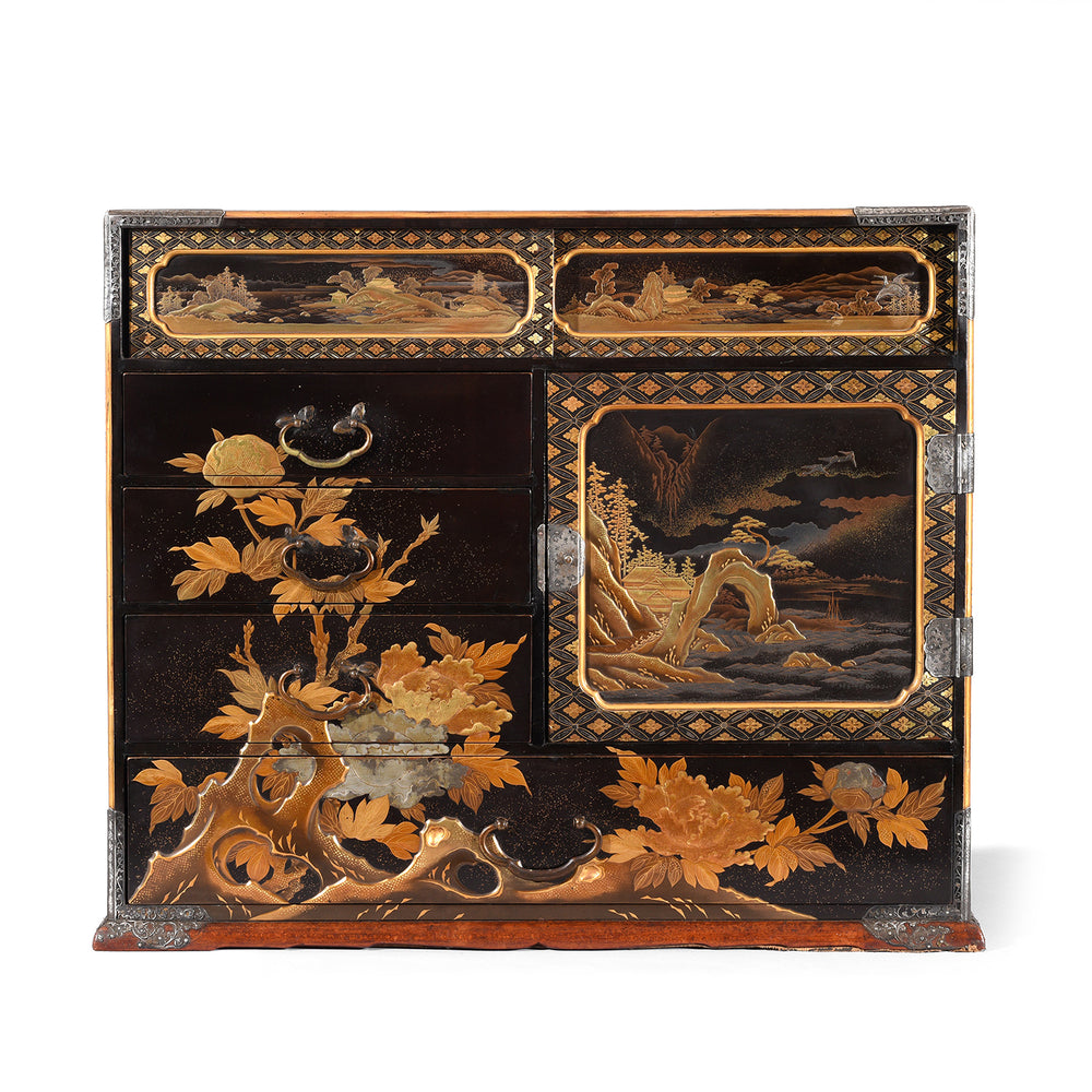 Antique Japanese Gilt Black Lacquer Meiji Kodansu with takamaki-e high relief and silver filigree work | Indigo Antiques