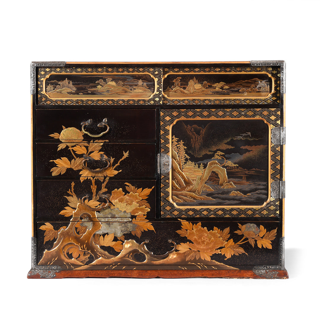 Antique Japanese Gilt Black Lacquer Meiji Kodansu with takamaki-e high relief and silver filigree work | Indigo Antiques