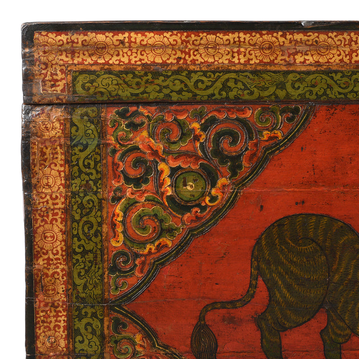 Corner Detail From Antique Gilt Painted Tibetan Tiger Chest From Kham | Indigo Antiques