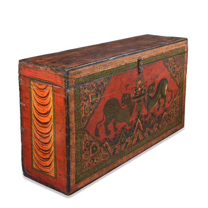 Angled View of Antique Gilt Painted Tibetan Tiger Chest From Kham | Indigo Antiques