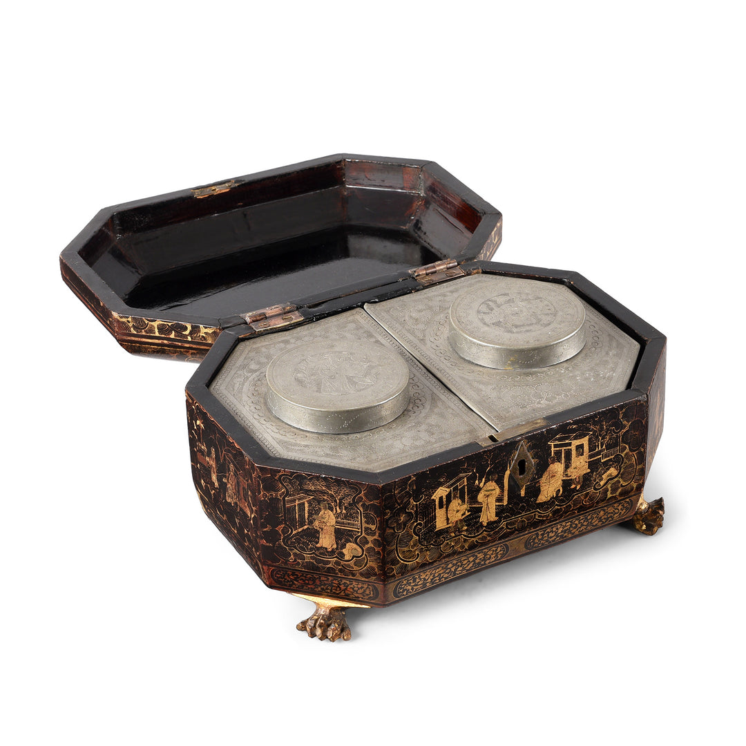 Interior Of Chinese Export Black Lacquer Tea Caddy | Indigo Antiques