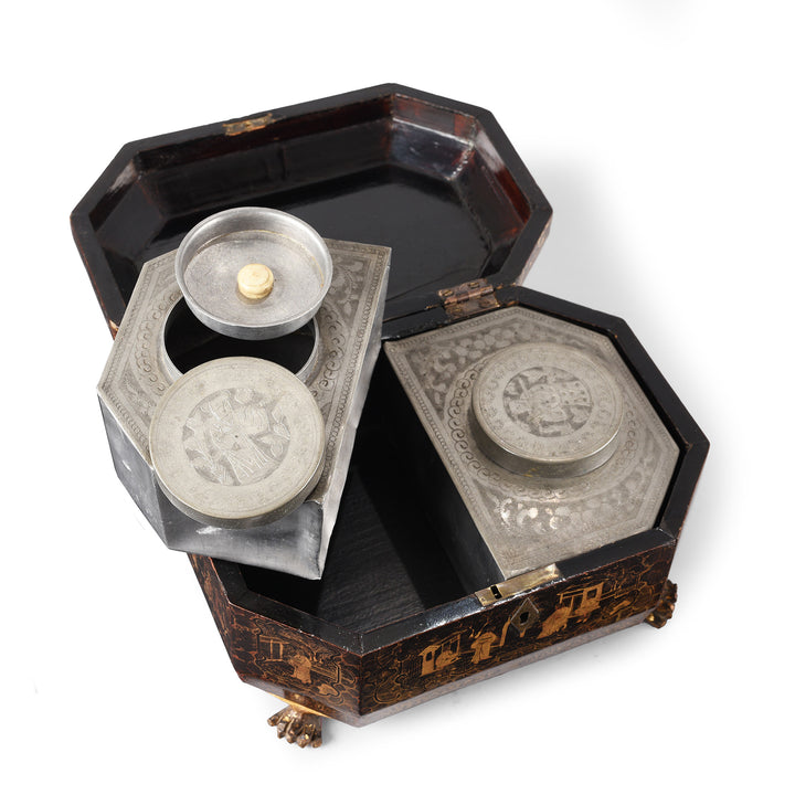 Interior Of Chinese Export Black Lacquer Tea Caddy | Indigo Antiques