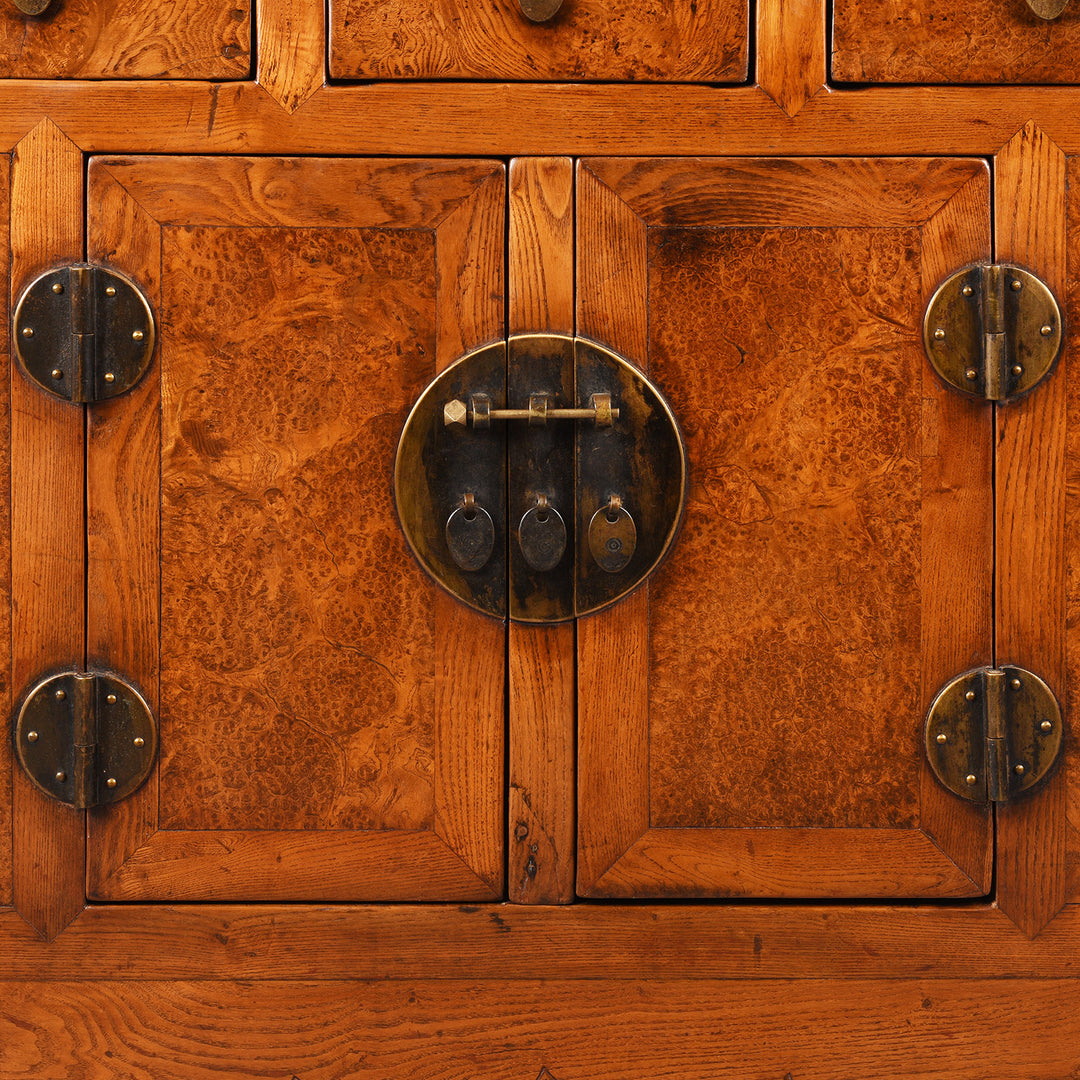 Door Detial From Antique Chinese Burr Elm Tianjin Sideboard | Indigo Antiques