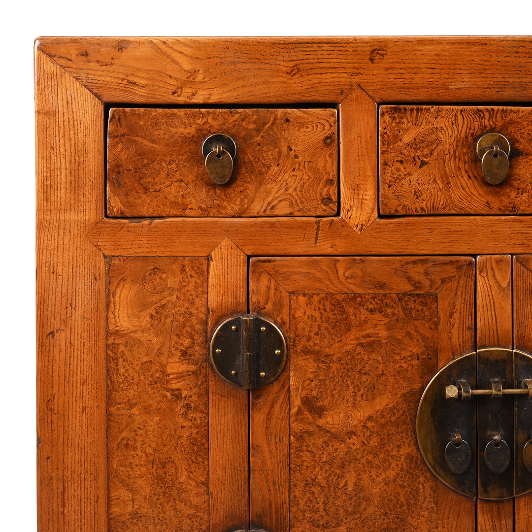 Corner Detail From Antique Chinese Burr Elm Tianjin Sideboard | Indigo Antiques