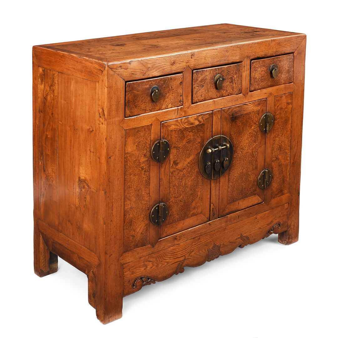 Angled View Of Antique Chinese Burr Elm Tianjin Sideboard | Indigo Antiques