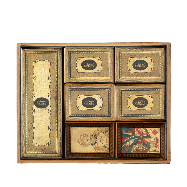 Antique Chinese Canton Export Gilt Lacquer Games Box Containing Pope Joan Card Trays| Indigo Antiques