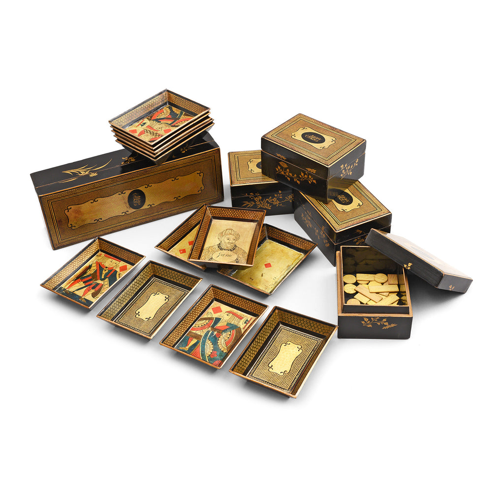 Contents Of Antique Canton Export Black Lacquer Games Box| Indigo Antiques