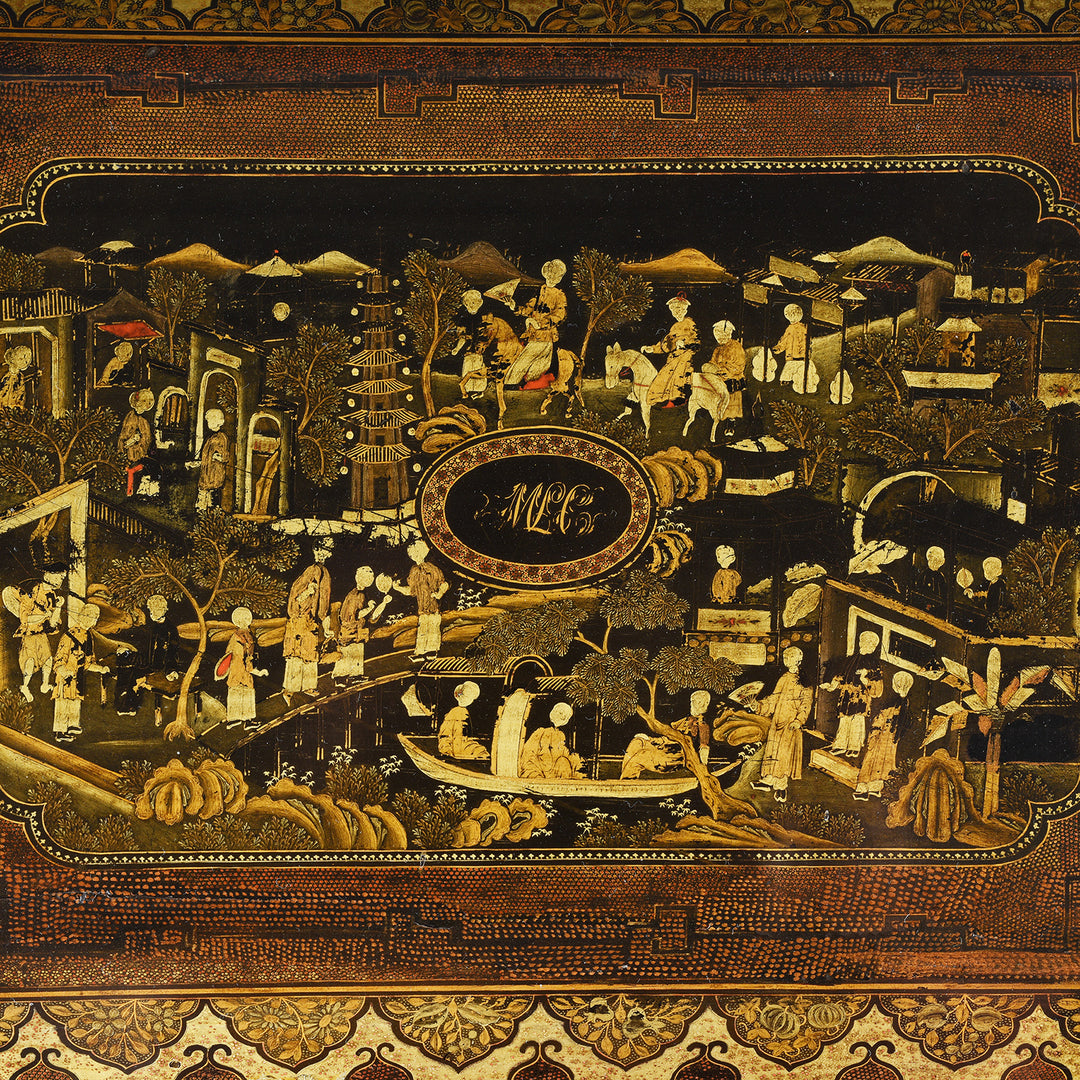 Detail From Top Of Antique Canton Export Black Lacquer Games Box| Indigo Antiques