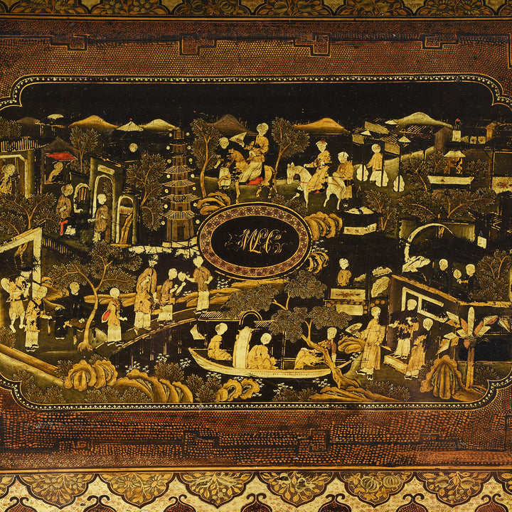 Detail From Top Of Antique Canton Export Black Lacquer Games Box| Indigo Antiques