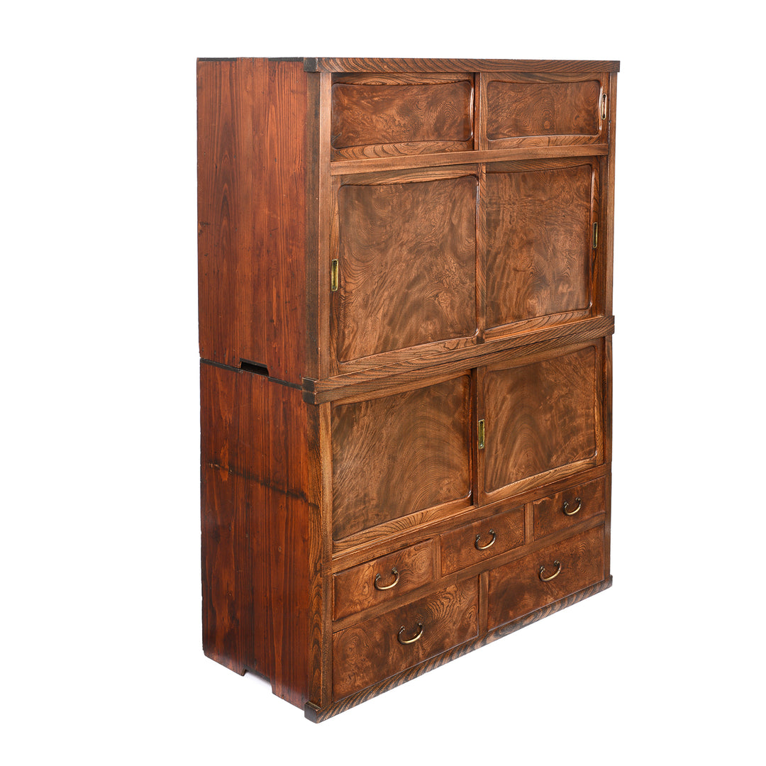 Angled View Of Antique Japanese Burr Zelkova Choba Dansu Chest | Indigo Antiques