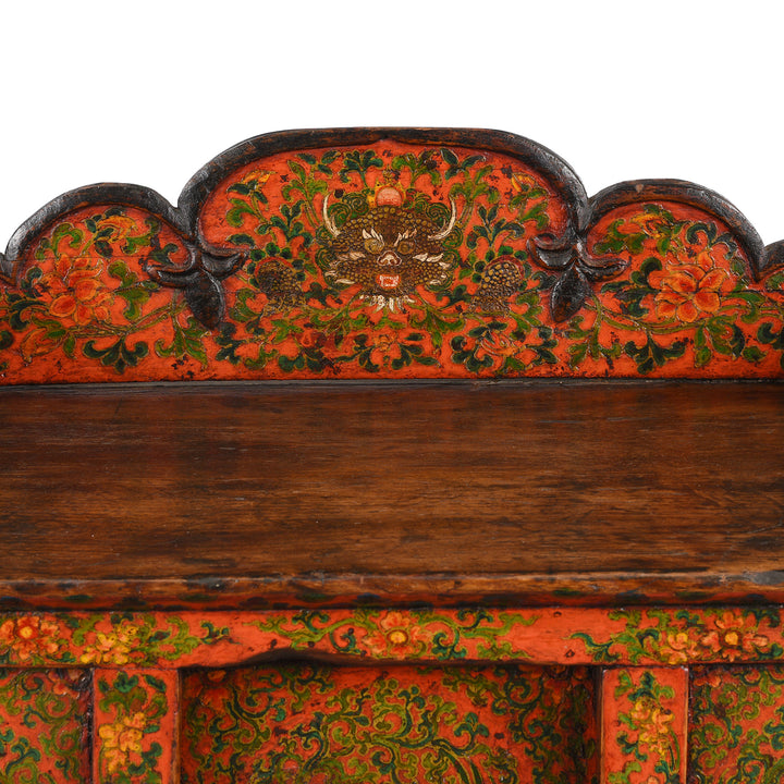 Dragon Detail From Antique Painted Pegam Prayer Table From Tibet With Original Painting | Indigo Antiques