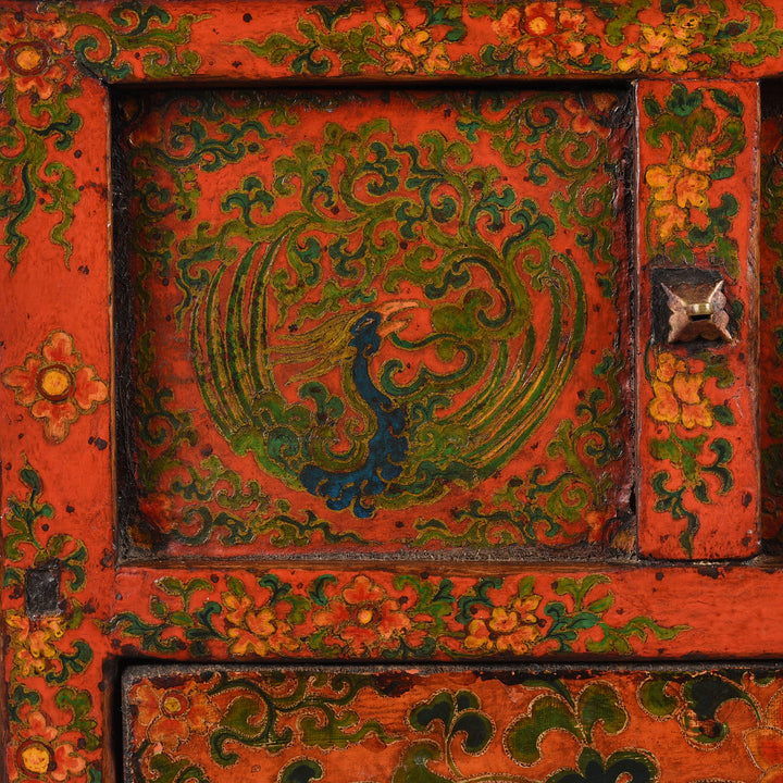 Peacock Detail From Antique Painted Pegam Prayer Table From Tibet With Original Painting | Indigo Antiques