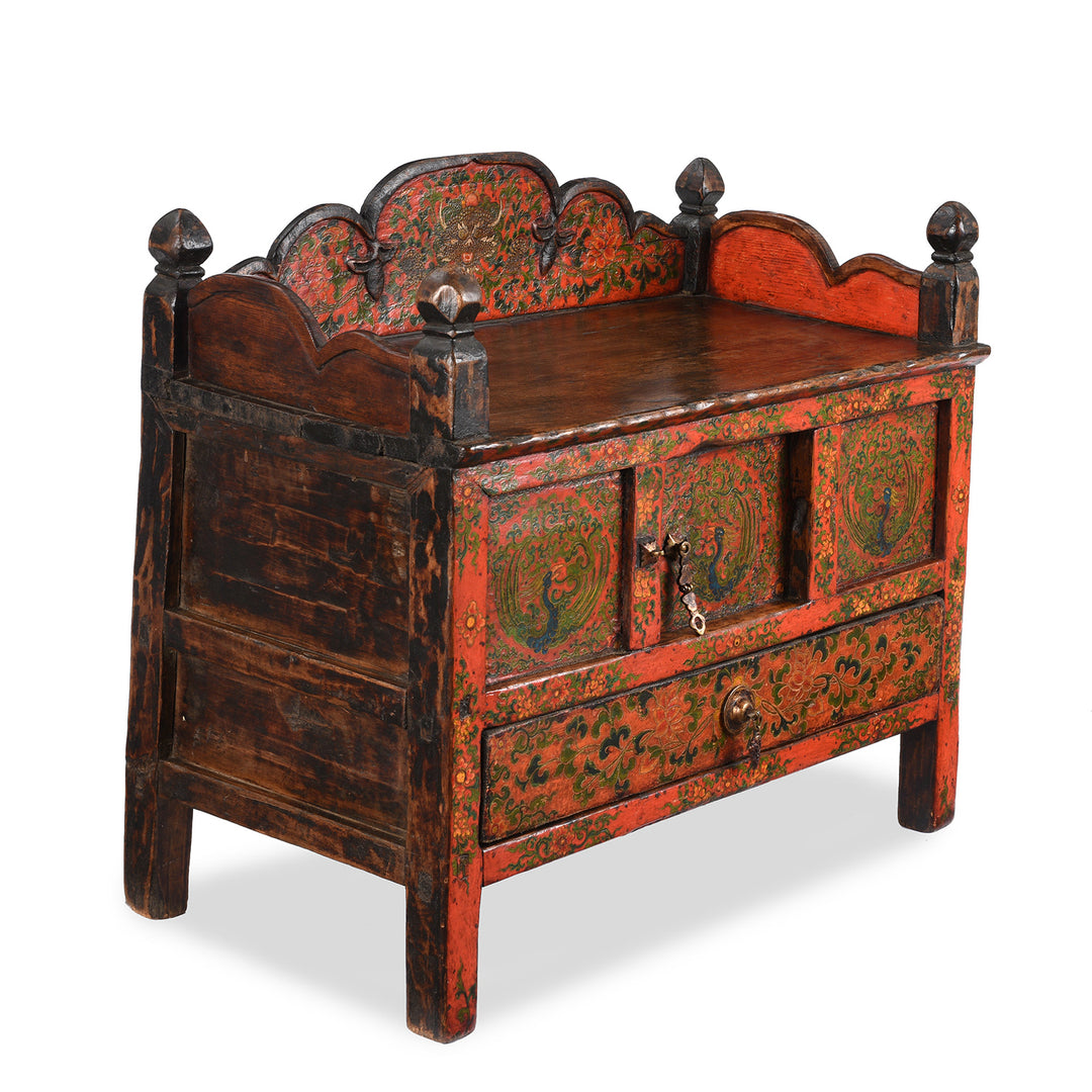 Angled View Of Antique Painted Pegam Prayer Table From Tibet With Original Painting | Indigo Antiques