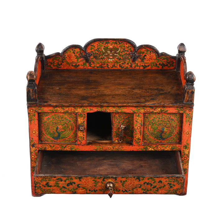 Top Down View Of Antique Painted Pegam Prayer Table From Tibet With Original Painting | Indigo Antiques
