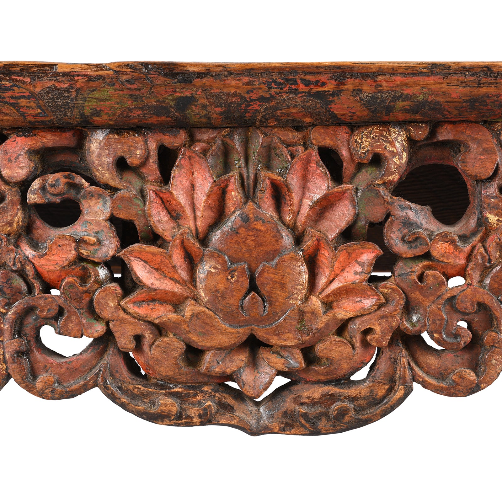 Lotus Carving From Antique Painted Floral Choksar Prayer Table from Tibet | Indigo Antiques