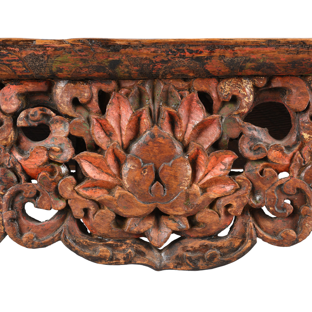 Lotus Carving From Antique Painted Floral Choksar Prayer Table from Tibet | Indigo Antiques