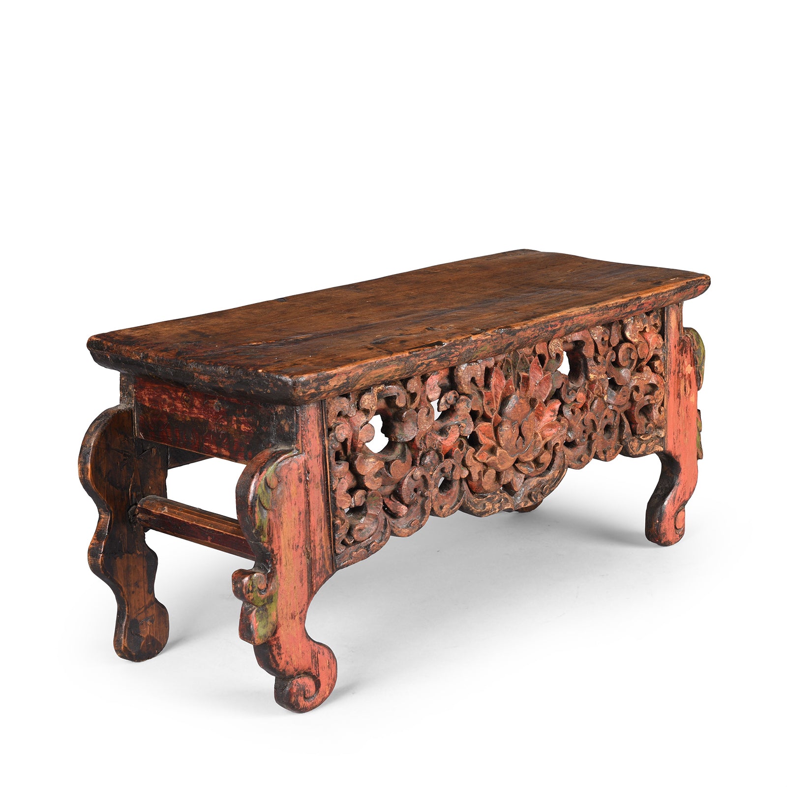 Angled VIew Of Antique Painted Floral Choksar Prayer Table from Tibet | Indigo Antiques